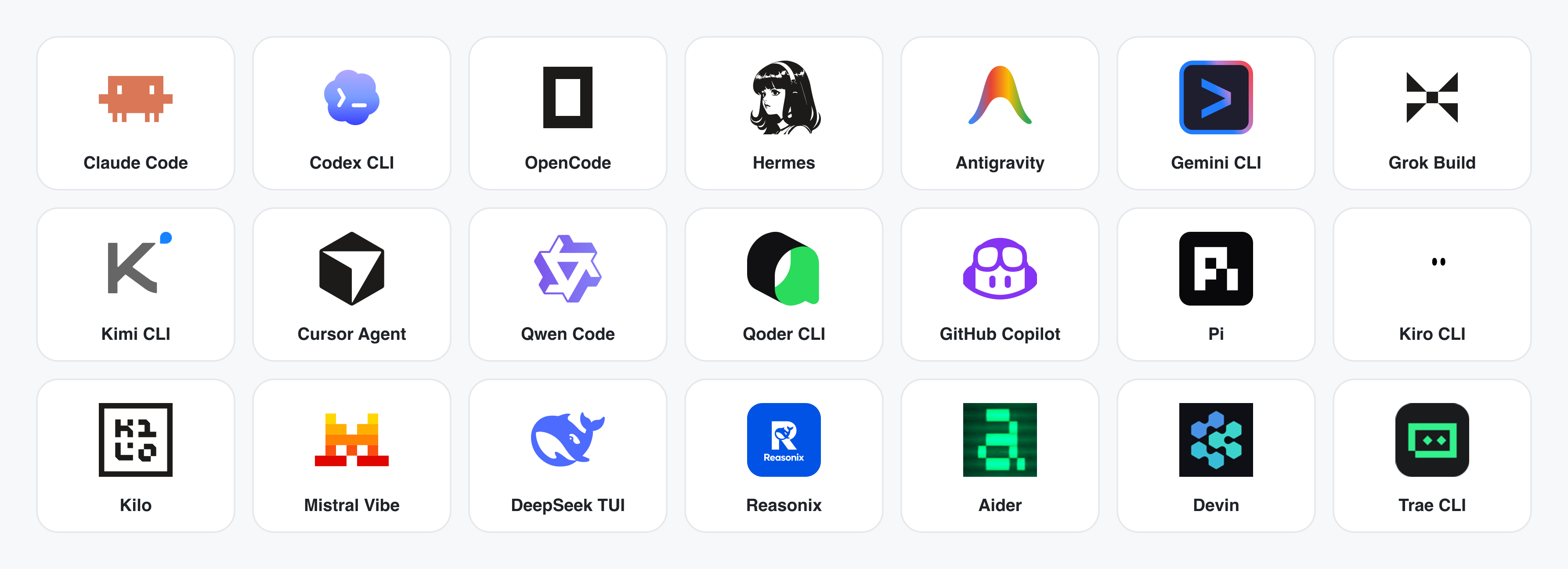 The 21 coding-agent CLIs Open Design supports — Claude Code · Codex · OpenCode · Hermes · Antigravity · Gemini · Grok Build · Kimi · Cursor Agent · Qwen · Qoder · GitHub Copilot · Pi · Kiro · Kilo · Mistral Vibe · DeepSeek · Reasonix · Aider · Devin · Trae
