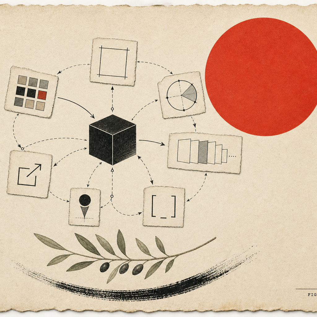 A central black cube engine core ringed by paper-tile plugins, an olive branch, and a bold red circle on a warm editorial study plate