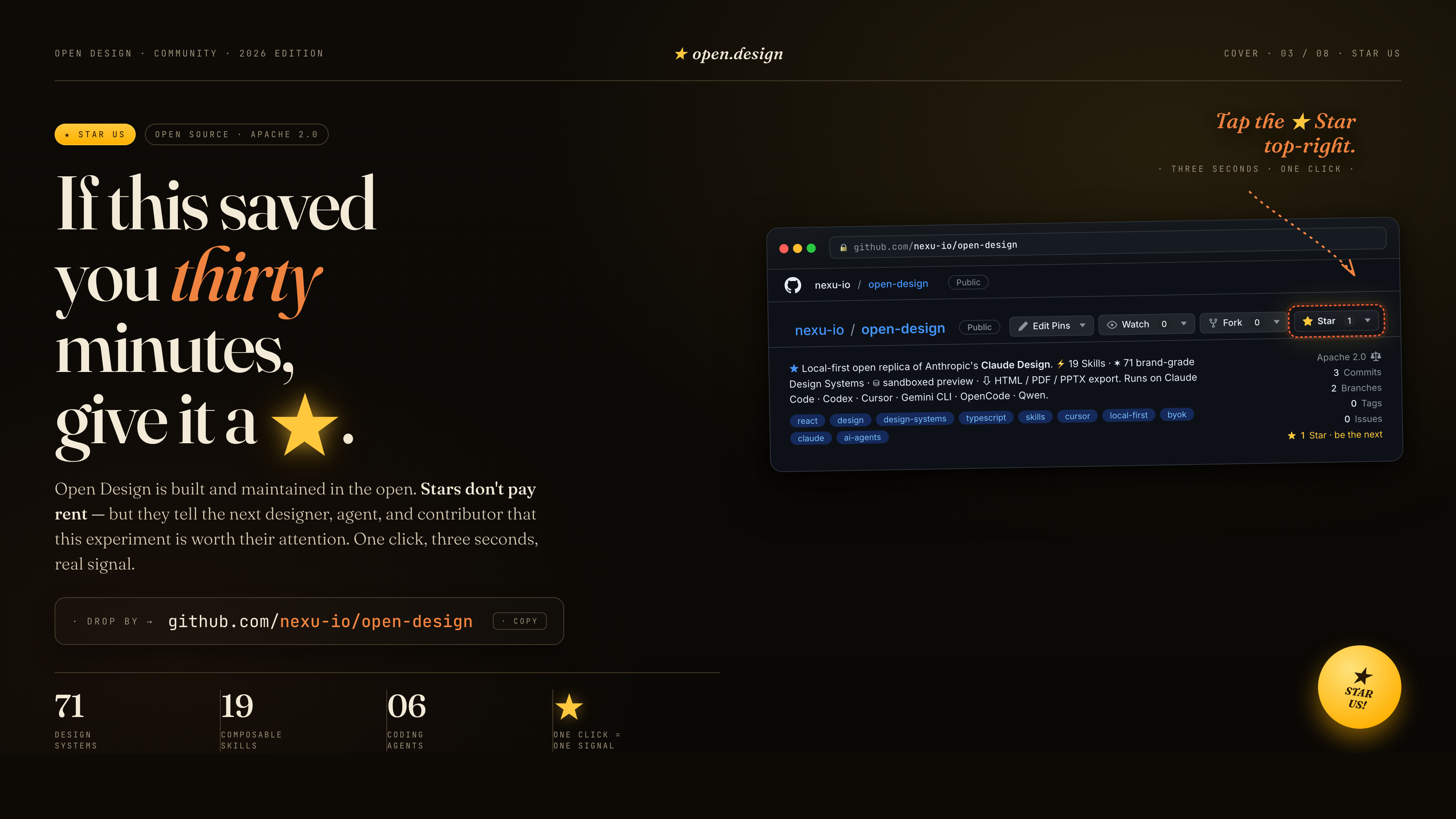Поставте зірку Open Design на GitHub — github.com/nexu-io/open-design